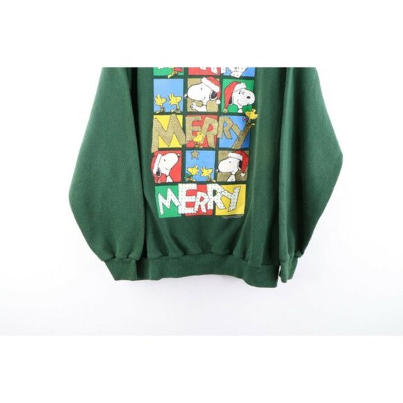 Vintage 90s Peanuts Womens XL Faded Snoopy Merry Christmas Sweatshirt Green USA - Picture 3 of 9